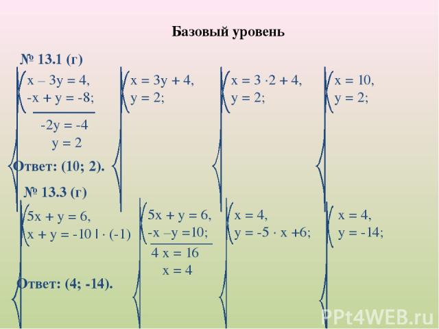 Базовый уровень № 13.1 (г) Ответ: (10; 2). № 13.3 (г) Ответ: (4; -14). 4 х = 16 х = 4