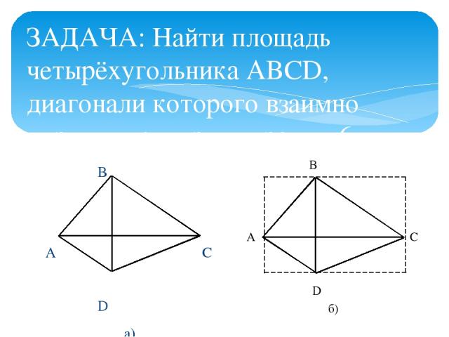 ЗАДАЧА: Найти площадь четырёхугольника ABCD, диагонали которого взаимно перпендикулярны и равны 6 см и 8 см. и 8 см. В А С D а) В А С D б)