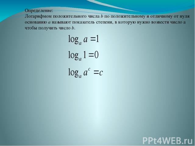 Определение: Логарифмом положительного числа b по положительному и отличному от нуля основанию a называют показатель степени, в которую нужно возвести число а чтобы получить число b.
