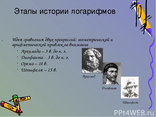 Идея сравнения двух прогрессий: геометрической и арифметической привлекла внимание Этапы истории логарифмов Архимеда – 3 в. до н. э. Диофанта - 3 в. до н. э. Орема – 14 в. Штифеля – 15 в. Архимед Диофант Штифель