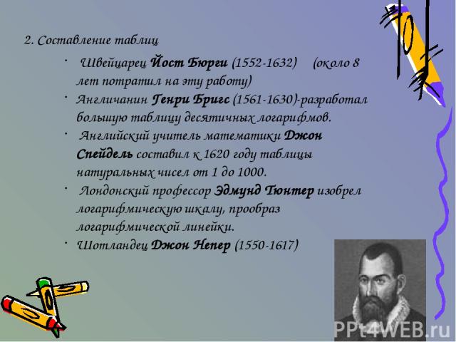 2. Составление таблиц Швейцарец Йост Бюрги (1552-1632) (около 8 лет потратил на эту работу) Англичанин Генри Бригс (1561-1630)-разработал большую таблицу десятичных логарифмов. Английский учитель математики Джон Спейдель составил к 1620 году таблицы…