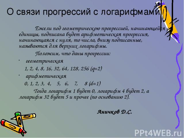 Ежели под геометрическою прогрессией, начинающейся с единицы, подписана будет арифметическая прогрессия, начинающаяся с нуля, то числа, внизу подписанные, называются для верхних логарифмы. Положим, что даны прогрессии: геометрическая 1, 2, 4, 8, 16,…