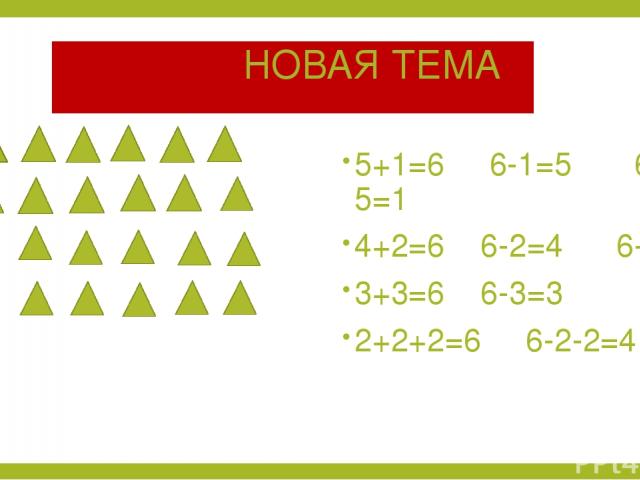 НОВАЯ ТЕМА 5+1=6 6-1=5 6-5=1 4+2=6 6-2=4 6-4=2 3+3=6 6-3=3 2+2+2=6 6-2-2=4