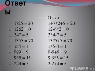 Ответы 1725= 20 1262= 0 347= 5 1355= 70 154= 1 999= 9 935= 15 224= 5 Ответ 1+7*2