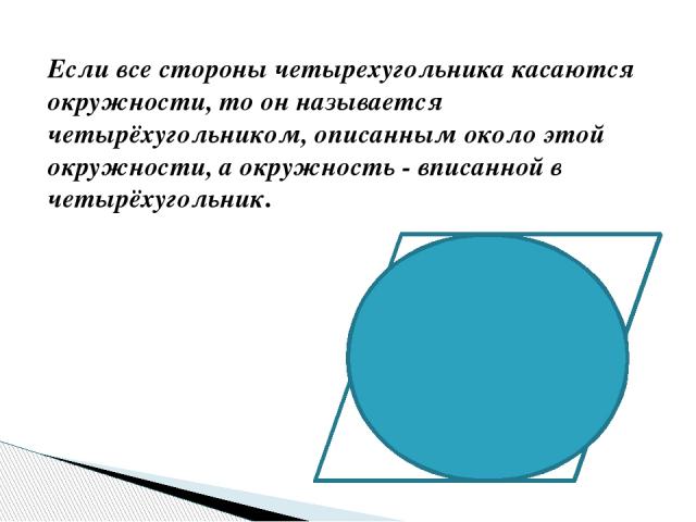 Если все стороны четырехугольника касаются окружности, то он называется четырёхугольником, описанным около этой окружности, а окружность - вписанной в четырёхугольник.