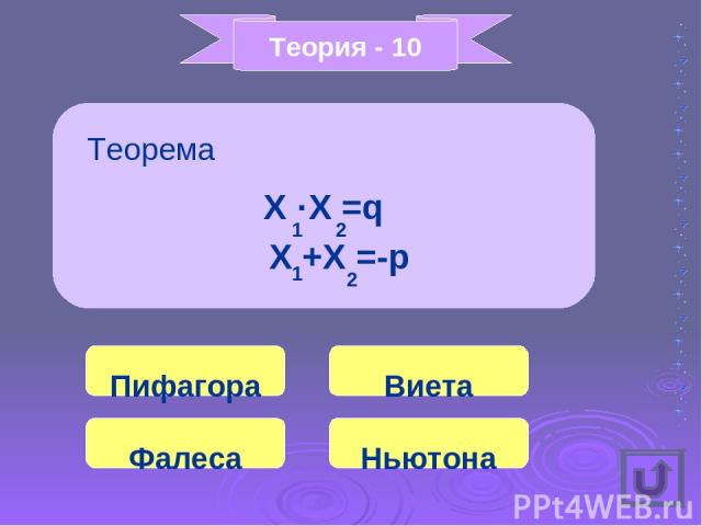 Теория - 10 X ·X =q Пифагора Теорема 1 2 X +X =-p 1 2 Виета Фалеса Ньютона