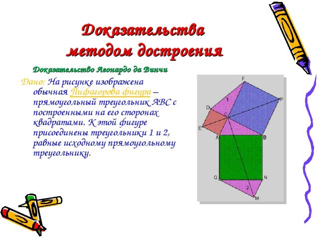 Доказательства методом достроения Доказательство Леонардо да Винчи Дано: На рисунке изображена обычная Пифагорова фигура – прямоугольный треугольник ABC с построенными на его сторонах квадратами. К этой фигуре присоединены треугольники 1 и 2, равные…