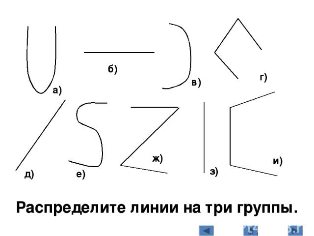 а) б) в) г) д) е) ж) з) и) Распределите линии на три группы.