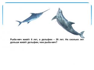 Рыба-меч живёт 6 лет, а дельфин – 26 лет. На сколько лет дольше живёт дельфин, ч
