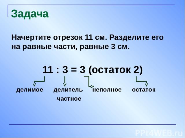 Задача Начертите отрезок 11 см. Разделите его на равные части, равные 3 см. 11 : 3 = 3 (остаток 2) делимое делитель неполное остаток частное