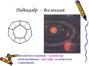 Додекаэдр - вселенная Пятый многогранник – додекаэдр символизировал весь мир и п