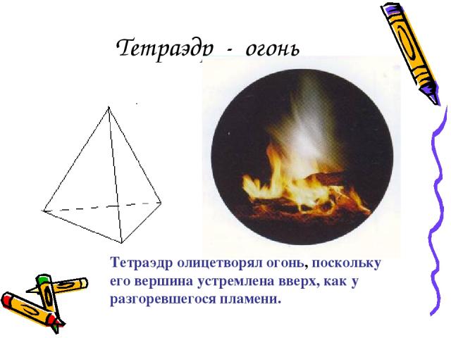 Тетраэдр - огонь Тетраэдр олицетворял огонь, поскольку его вершина устремлена вверх, как у разгоревшегося пламени.
