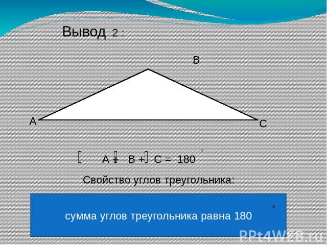 Вывод 2 : А В С А + В + С = 180 сумма углов треугольника равна 180 Свойство углов треугольника: