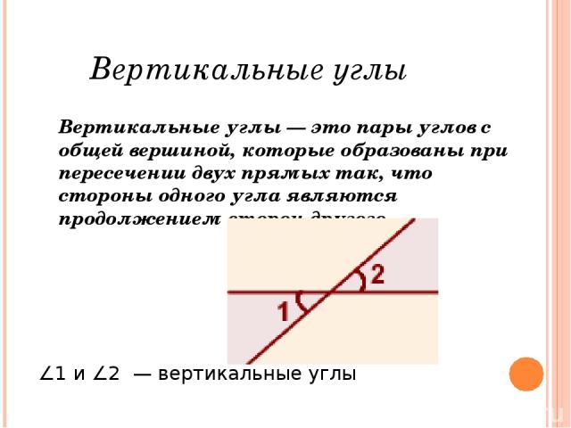 Вертикальные углы Вертикальные углы — это пары углов с общей вершиной, которые образованы при пересечении двух прямых так, что стороны одного угла являются продолжением сторон другого. ∠1 и ∠2  — вертикальные углы    