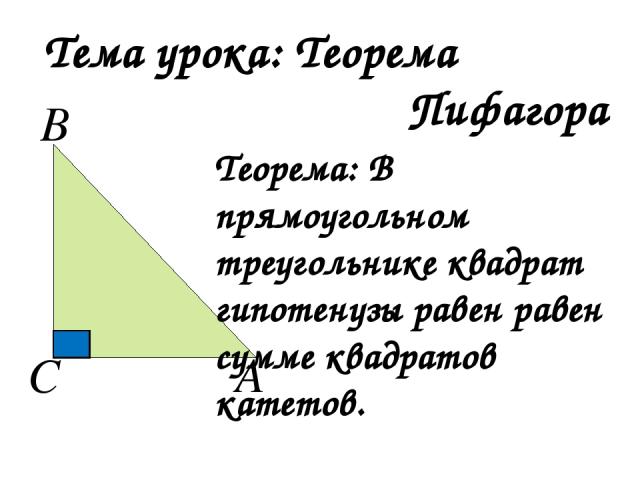 Тема урока: Теорема Пифагора Теорема: В прямоугольном треугольнике квадрат гипотенузы равен равен сумме квадратов катетов.