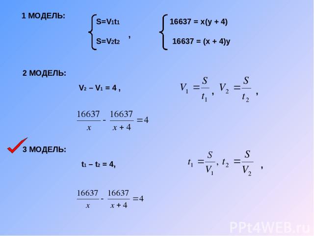 1 МОДЕЛЬ: 2 МОДЕЛЬ: 3 МОДЕЛЬ: S=V1t1 S=V2t2 16637 = x(y + 4) 16637 = (x + 4)y V2 – V1 = 4 , t1 – t2 = 4, , , , ,