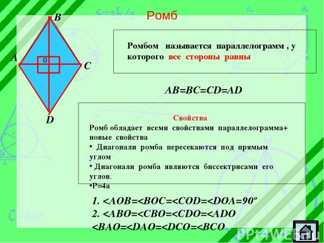 Ромб A B C D Ромбом называется параллелограмм , у которого все стороны равны AB=BC=CD=AD 1.