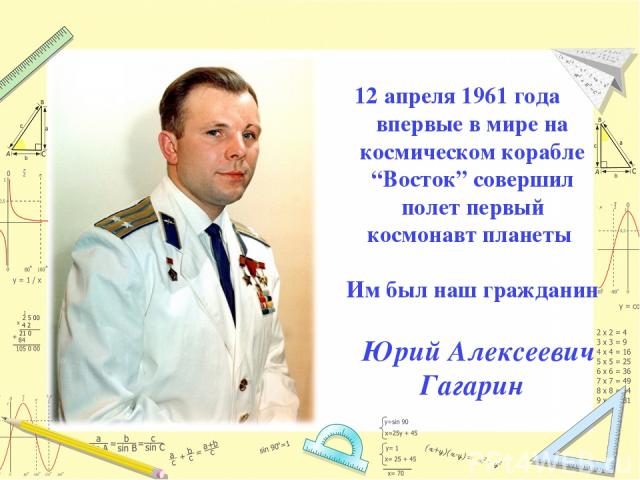 12 апреля 1961 года впервые в мире на космическом корабле “Восток” совершил полет первый космонавт планеты Им был наш гражданин Юрий Алексеевич Гагарин