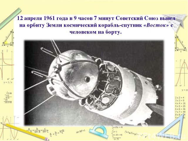 12 апреля 1961 года в 9 часов 7 минут Советский Союз вывел на орбиту Земли космический корабль-спутник «Восток» с человеком на борту.