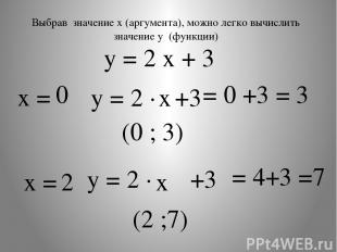 у = 2 х + 3 х = у = 2 · +3 х 0 = 0 +3 = 3 (0 ; 3) х = у = 2 · +3 2 х = 4+3 =7 (2