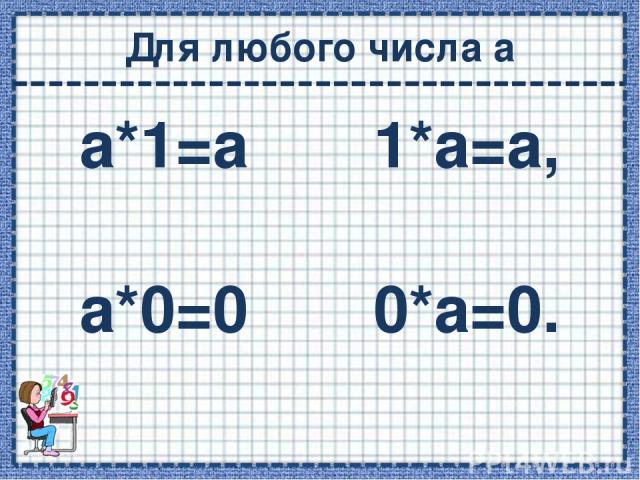 Для любого числа а а*1=а 1*а=а, а*0=0 0*а=0.