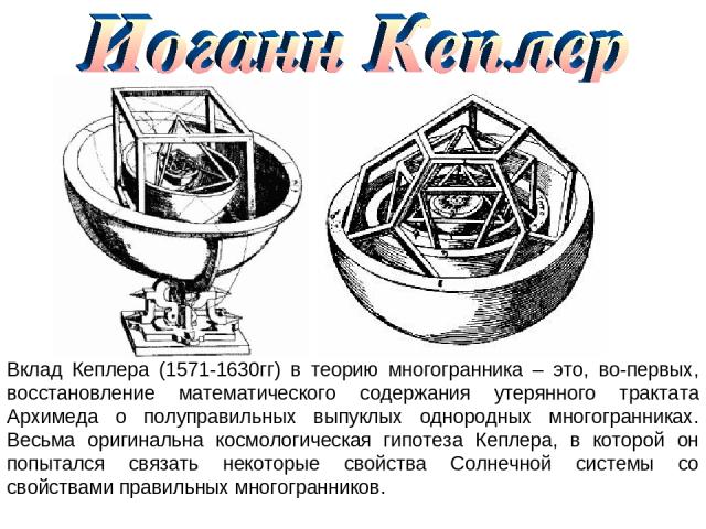 Вклад Кеплера (1571-1630гг) в теорию многогранника – это, во-первых, восстановление математического содержания утерянного трактата Архимеда о полуправильных выпуклых однородных многогранниках. Весьма оригинальна космологическая гипотеза Кеплера, в к…