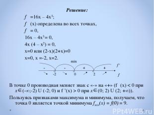 Решение: f ′ =16х – 4х3; f ′ (х) определена во всех точках, f ′ = 0, 16х – 4х3 =