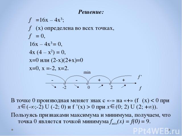 Решение: f ′ =16х – 4х3; f ′ (х) определена во всех точках, f ′ = 0, 16х – 4х3 = 0, 4х (4 – х2) = 0, х=0 или (2-х)(2+х)=0 х=0, х =-2, х=2. В точке 0 производная меняет знак с «-» на «+» (f ′(х) < 0 при х (-∞;-2) U (-2; 0) и f ’(х) > 0 при х (0; 2) U…