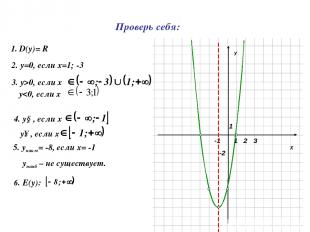 Х У 1 1 -2 2 3 -1 1. D(y)= R 2. у=0, если х=1; -3 3. у>0, если х 4. у↓, если х у
