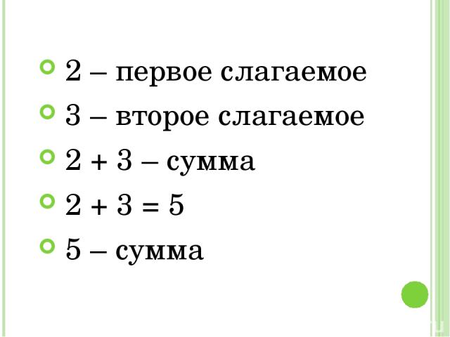 2 – первое слагаемое 3 – второе слагаемое 2 + 3 – сумма 2 + 3 = 5 5 – сумма
