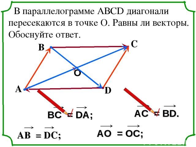 В параллелограмме АВСD диагонали пересекаются в точке О. Равны ли векторы. Обоснуйте ответ. А В С D