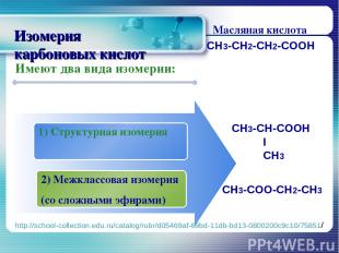 Изомерия карбоновых кислот Имеют два вида изомерии: Масляная кислота СН3-СН2-СН2