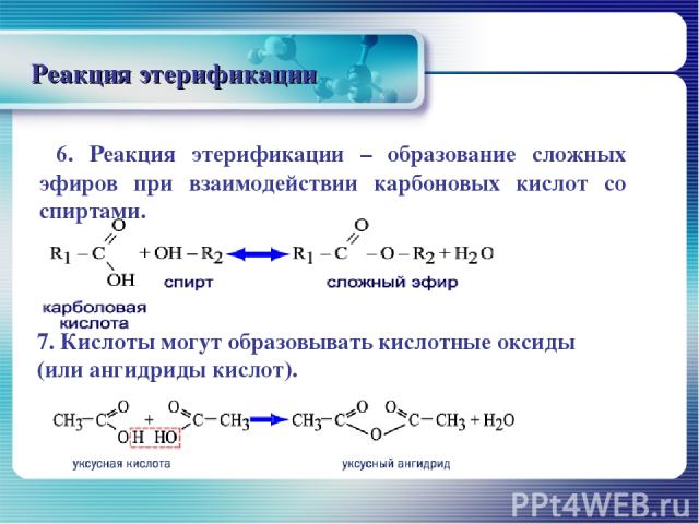 Реакция этерификации 6. Реакция этерификации – образование сложных эфиров при взаимодействии карбоновых кислот со спиртами. 7. Кислоты могут образовывать кислотные оксиды (или ангидриды кислот).