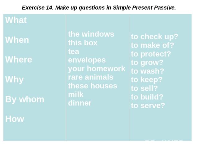 Exercise 14. Make up questions in Simple Present Passive. What When Where Why By whom How the windows this box tea envelopes your homework rare animals these houses milk dinner to check up? to make of? to protect? to grow? to wash? to keep? to sell?…