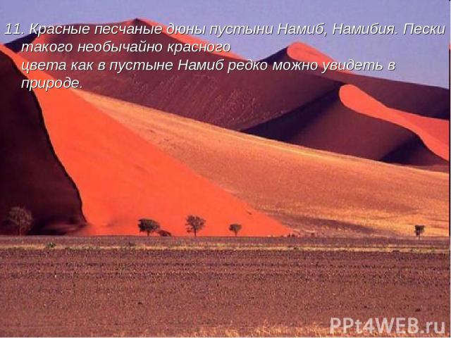 11. Красные песчаные дюны пустыни Намиб, Намибия. Пески такого необычайно красного цвета как в пустыне Намиб редко можно увидеть в природе.