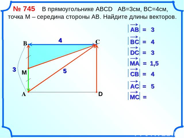 С А В D 4 3 4 3 1,5 4 5 5 M № 745 В прямоугольнике АВСD АВ=3см, ВС=4см, точка М – середина стороны АВ. Найдите длины векторов.