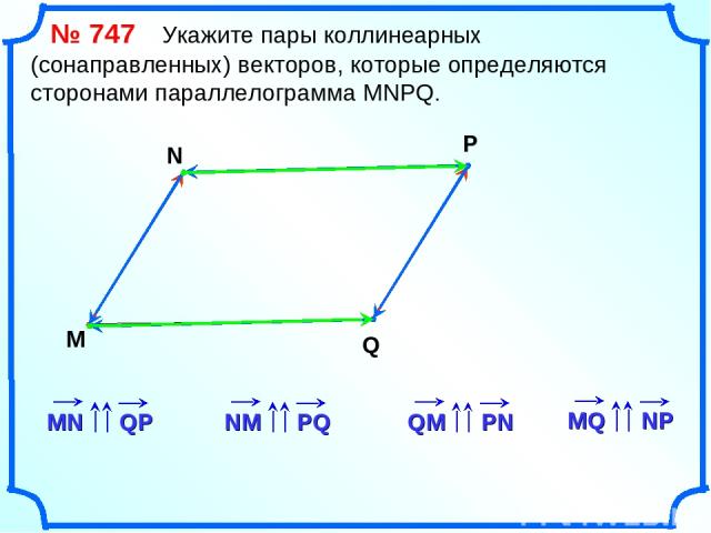 № 747 Укажите пары коллинеарных (сонаправленных) векторов, которые определяются сторонами параллелограмма MNPQ. M N P Q
