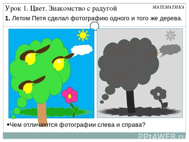 Урок 1. Цвет. Знакомство с радугой Чем отличаются фотографии слева и справа? МАТЕМАТИКА 1. Летом Петя сделал фотографию одного и того же дерева.