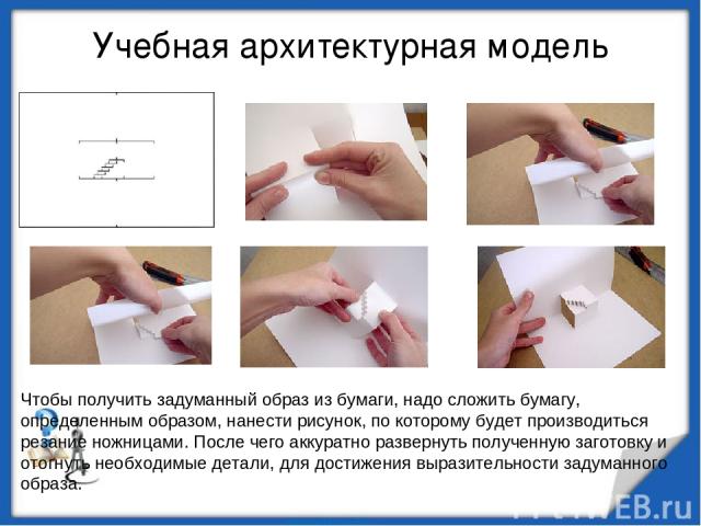 Учебная архитектурная модель Чтобы получить задуманный образ из бумаги, надо сложить бумагу, определенным образом, нанести рисунок, по которому будет производиться резание ножницами. После чего аккуратно развернуть полученную заготовку и отогнуть не…