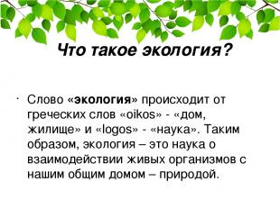 Что такое экология? Слово «экология» происходит от греческих слов «oikos» - «дом