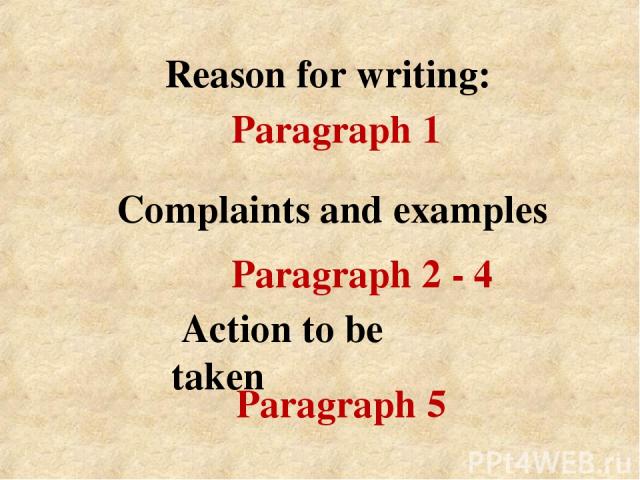 Reason for writing: Action to be taken Complaints and examples Paragraph 1 Paragraph 2 - 4 Paragraph 5
