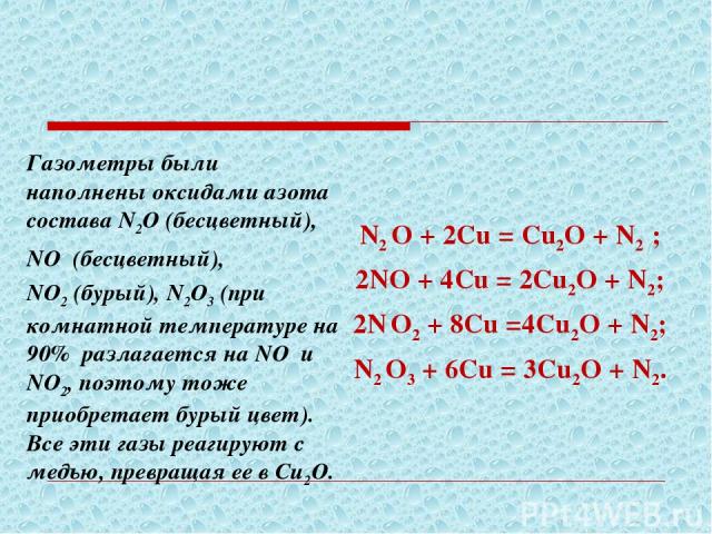 N2 O + 2Сu = Cu2O + N2 ; 2NO + 4Сu = 2Cu2O + N2; 2N O2 + 8Сu =4Cu2O + N2; N2 O3 + 6Сu = 3Cu2O + N2. Газометры были наполнены оксидами азота состава N2O (бесцветный), NO (бесцветный), NO2 (бурый), N2O3 (при комнатной температуре на 90% разлагается на…