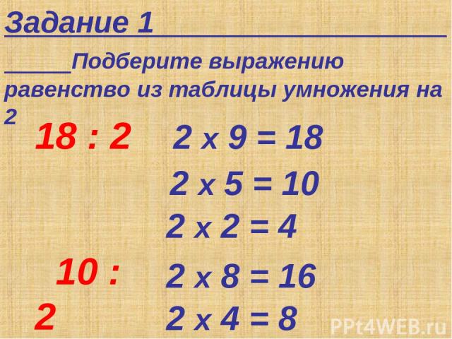 Задание 1 Подберите выражению равенство из таблицы умножения на 2 2 х 2 = 4 18 : 2 10 : 2 4 : 2 16 : 2 8 : 2 2 х 5 = 10 2 х 9 = 18 2 х 8 = 16 2 х 4 = 8