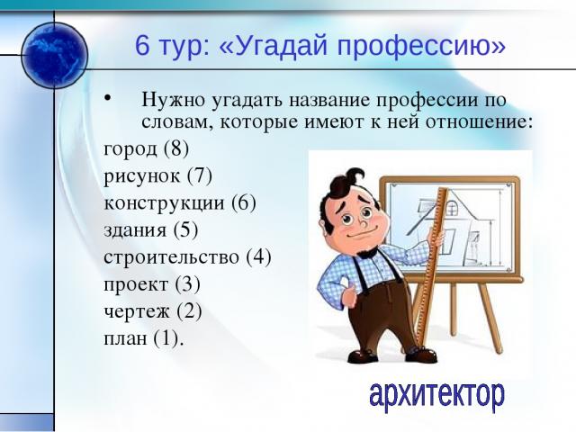 6 тур: «Угадай профессию» Нужно угадать название профессии по словам, которые имеют к ней отношение: город (8) рисунок (7) конструкции (6) здания (5) строительство (4) проект (3) чертеж (2) план (1).