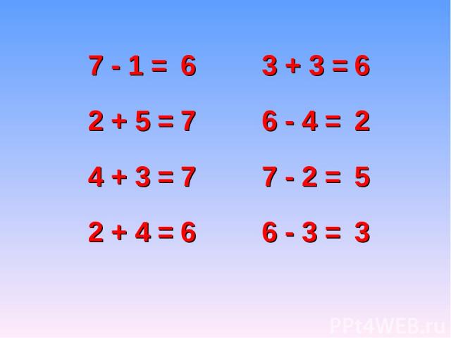 7 - 1 = 2 + 5 = 4 + 3 = 2 + 4 = 6 7 7 6 3 + 3 = 6 - 4 = 7 - 2 = 6 - 3 = 6 2 5 3