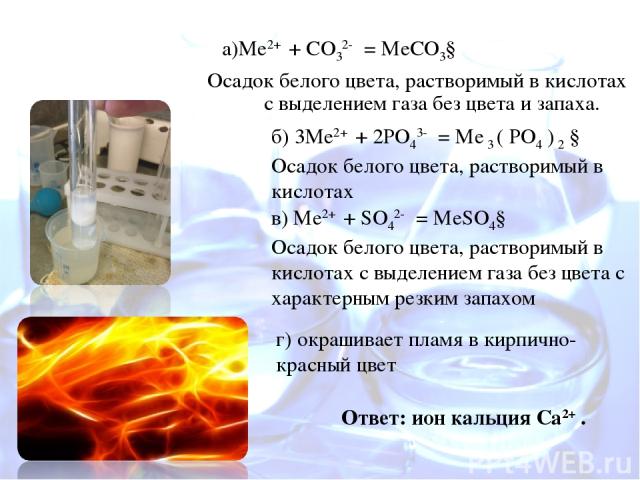а)Ме2+ + СO32- = MeСO3↓ Осадок белого цвета, растворимый в кислотах с выделением газа без цвета и запаха. Ответ: ион кальция Са2+ . г) окрашивает пламя в кирпично-красный цвет в) Ме2+ + SO42- = MeSO4↓ Осадок белого цвета, растворимый в кислотах с вы…