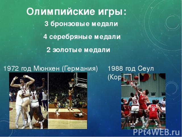 Олимпийские игры: 2 золотые медали 4 серебряные медали 3 бронзовые медали 1972 год Мюнхен (Германия) 1988 год Сеул (Корея)
