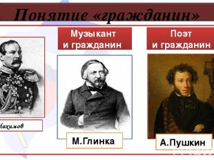 Понятие «гражданин» М.Глинка Музыкант и гражданин А.Пушкин Поэт и гражданин П.С.