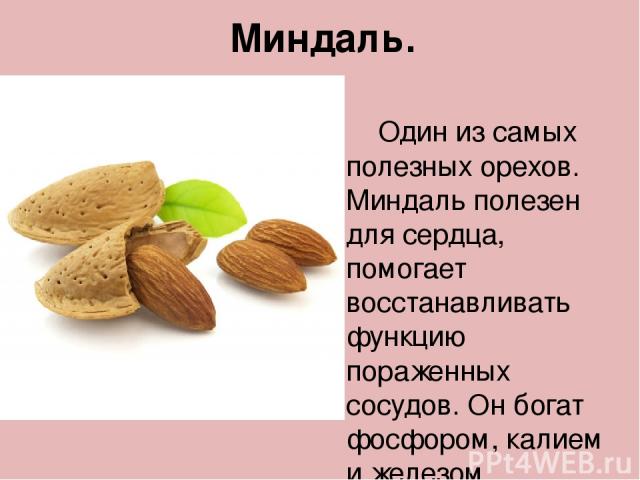 Миндаль. Один из самых полезных орехов. Миндаль полезен для сердца, помогает восстанавливать функцию пораженных сосудов. Он богат фосфором, калием и железом.