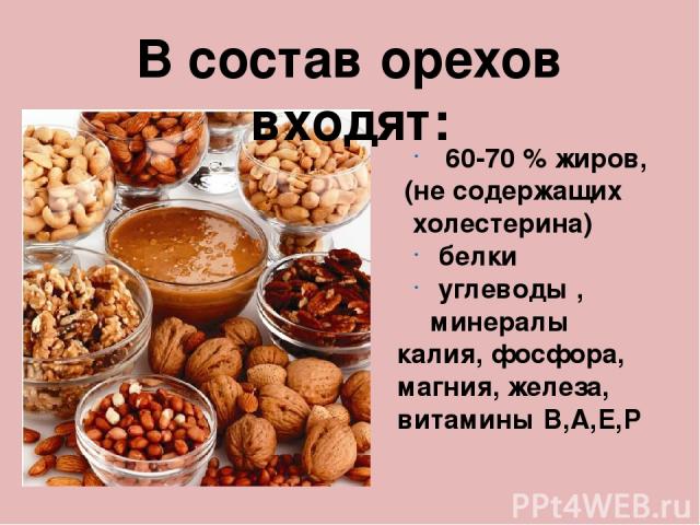 В состав орехов входят: 60-70 % жиров, (не содержащих холестерина) белки углеводы , минералы калия, фосфора, магния, железа, витамины В,А,Е,Р